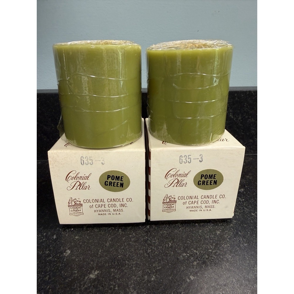 Vtg Colonial Candle Co Cape Cod Pome Green Pillar Candles 3.5"‎ NOS Set of 2 USA